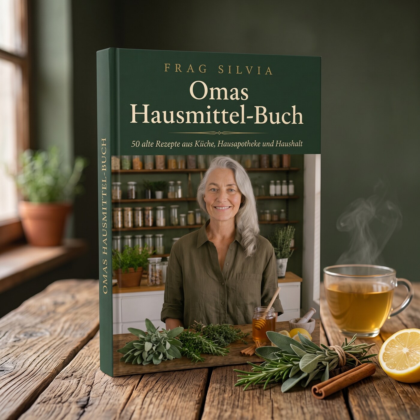 Omas Hausmittel-Buch – das Buch als Mockup auf einem Holztisch